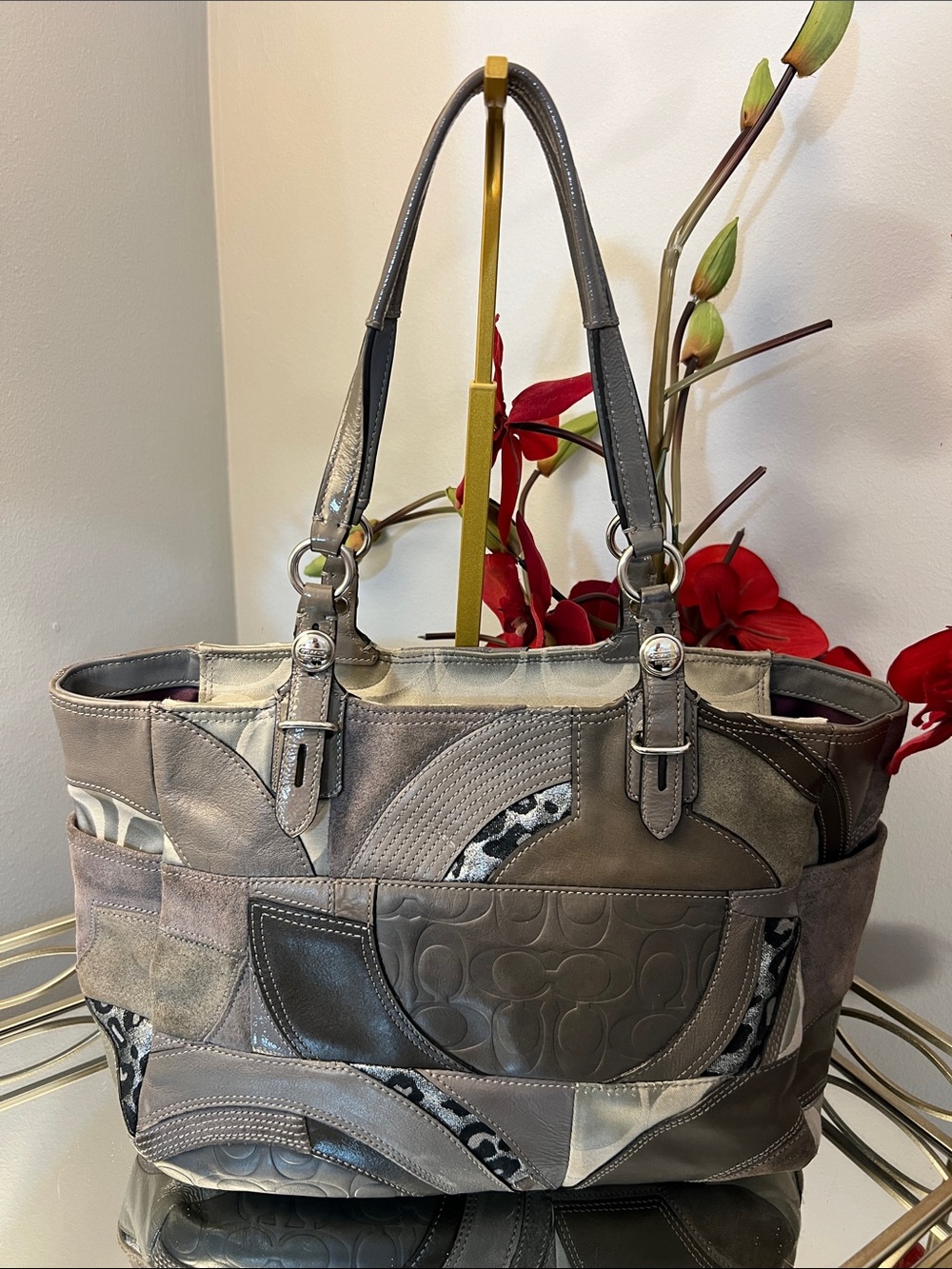COACH Ocelot Patchwork Gallery Tote F15450 Silver Grey Metallic Multi Leather